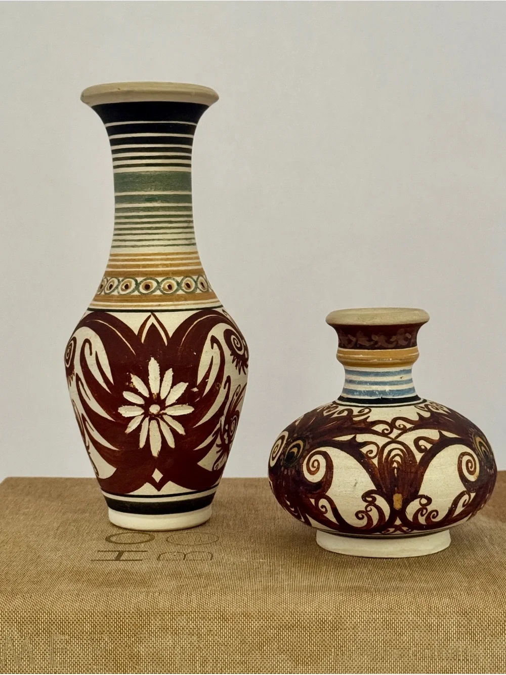 Vintage Hand Painted Studio Pottery Vase Pair Folk Art Boho MCM Floral